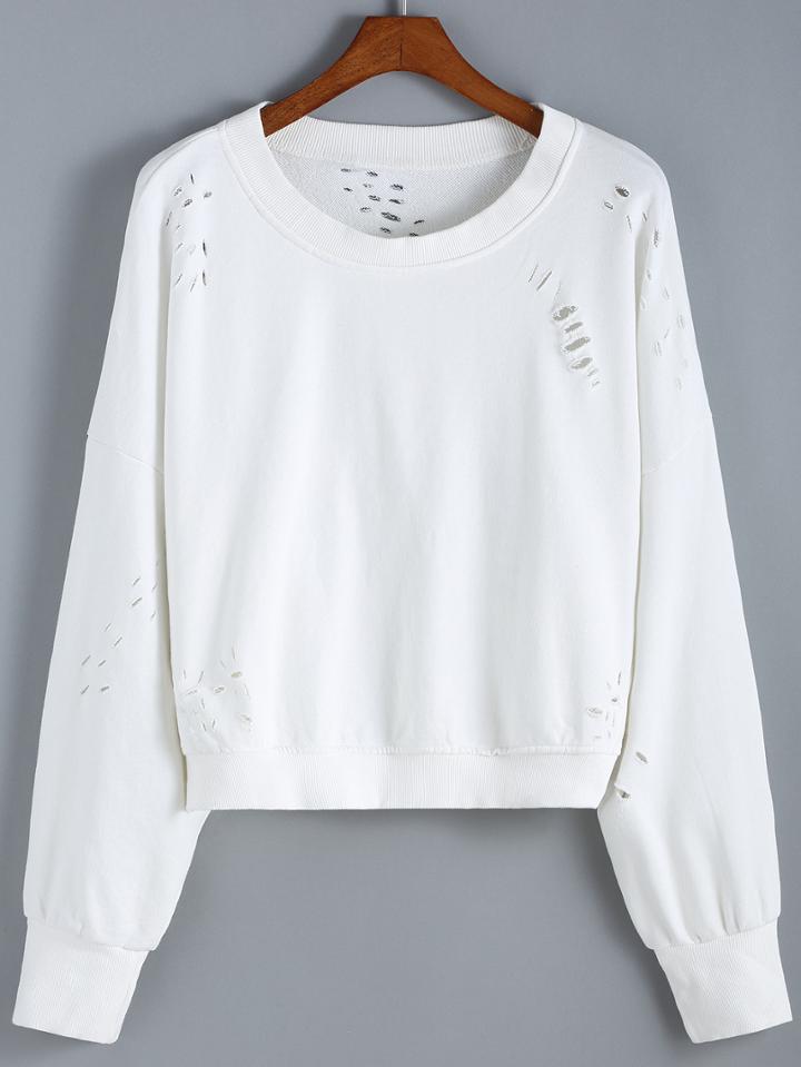 Romwe Round Neck Ripped Crop Sweatshirt