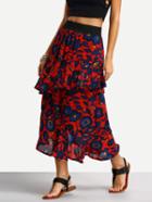 Romwe Contrast Waist Flower Print Layered Skirt