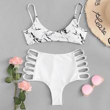 Romwe Ladder Cut-out Marble Print Mix & Match Bikini