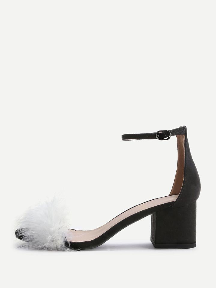 Romwe Black Faux Fur Ankle Strap Chunky Heeled Sandals