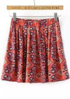 Romwe Elastic Waist Vintage Print Orange Skirt