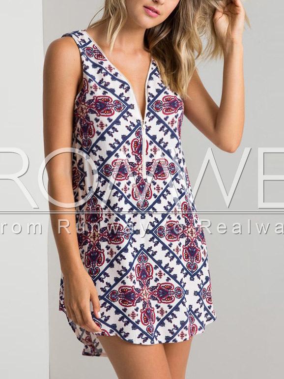 Romwe Multicolor Sleeveless Zipper Front Floral Print Dress