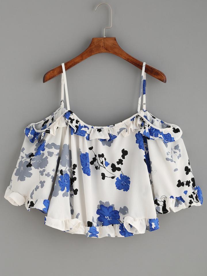 Romwe White Flower Print Ruffle Cold Shoulder Top