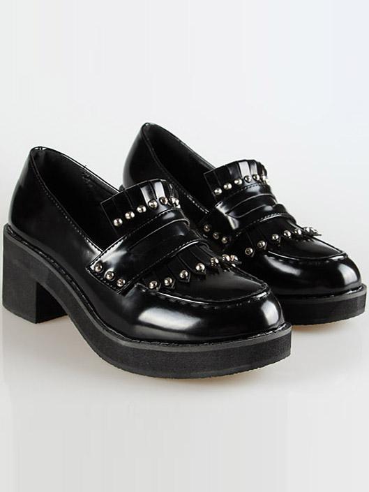 Romwe Black Rivet  Fringed Chunky Heel Pumps