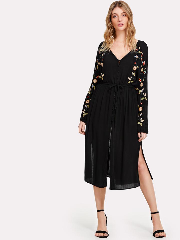 Romwe Button Up Drawstring Waist Embroidered Dress