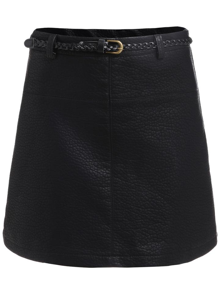 Romwe Pu A-line Skirt With Belt