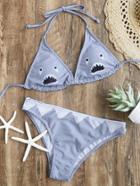 Romwe Grey Shark Print Triangle Bikini Set