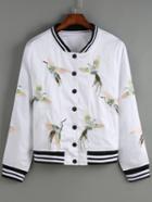 Romwe Birds Embroidered Crop White Jacket