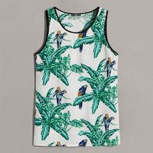 Romwe Guys Jungle & Parrot Print Ringer Tank Top