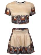 Romwe Apricot Printed Crop Top With Shorts