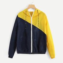 Romwe Two Tone Drawstring Zip Up Hooded Jacket