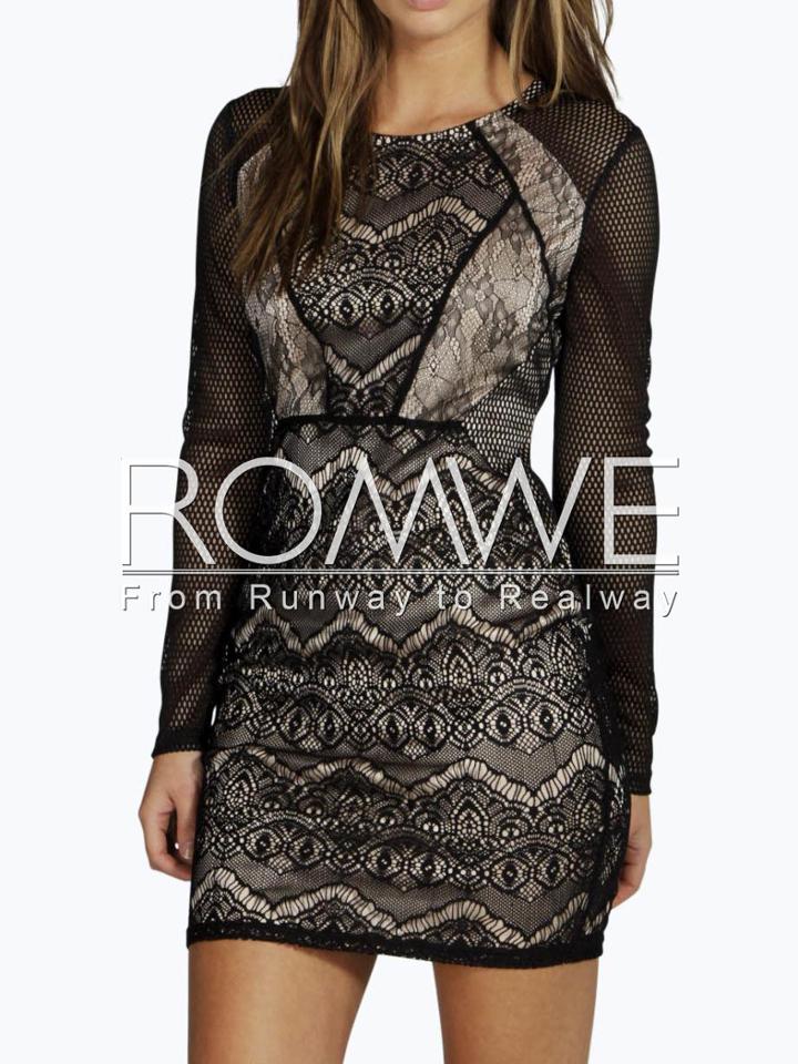 Romwe Black Eyelash Lace Bodycon Dress