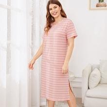 Romwe Plus Striped Slit Hem Night Dress
