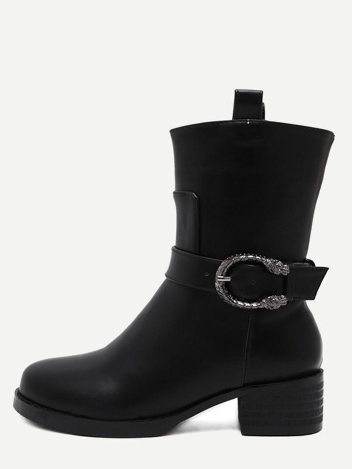 Romwe Black Buckle Strap Mid Calf Pu Boots