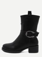 Romwe Black Buckle Strap Mid Calf Pu Boots