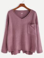Romwe Purple V Neck High Low Hollow Back Pocket Sweater