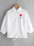 Romwe Rose Embroidered Drop Shoulder Drawstring Hem Shirt