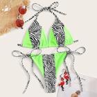 Romwe Neon Green Contrast Zebra Print Self Tie Bikini
