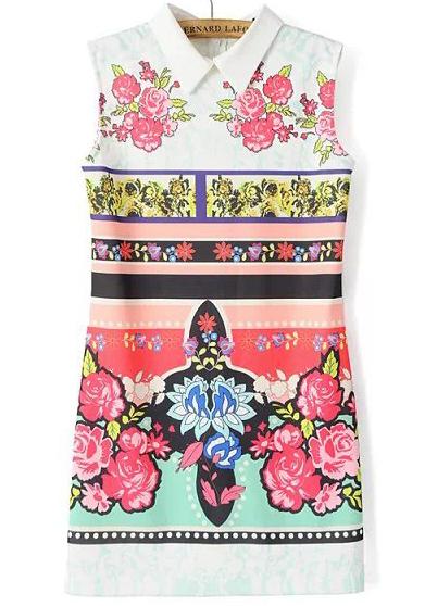 Romwe White Lapel Sleeveless Floral Straight Dress