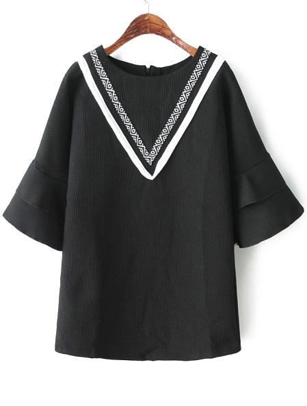 Romwe Ruffle Sleeve V Pattern With Zipper Black Dress
