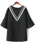 Romwe Ruffle Sleeve V Pattern With Zipper Black Dress