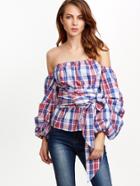 Romwe Multicolor Plaid Billow Sleeve Off The Shoulder Wrap Top