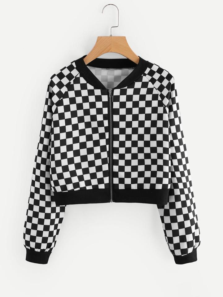 Romwe Gingham Raglan Zip Up Jacket