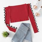 Romwe Off Shoulder Gingham Panel Tee