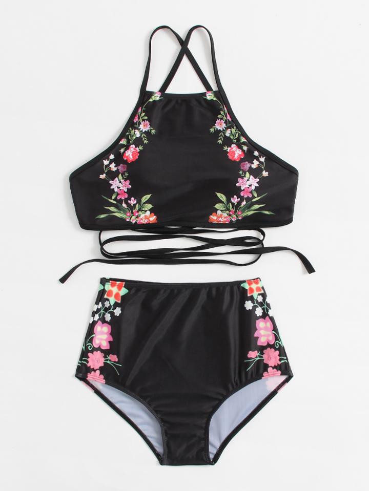 Romwe Calico Print Cross Back High Waist Bikini Set