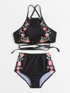 Romwe Calico Print Cross Back High Waist Bikini Set