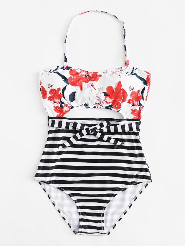 Romwe Flower Print Striped Swimsuit