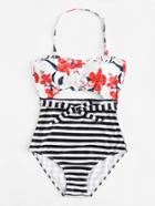 Romwe Flower Print Striped Swimsuit