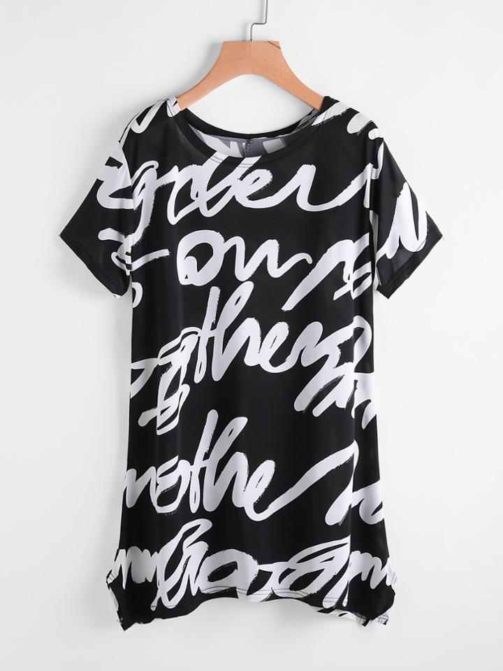 Romwe Random Print Pointed Hem Tee Dress