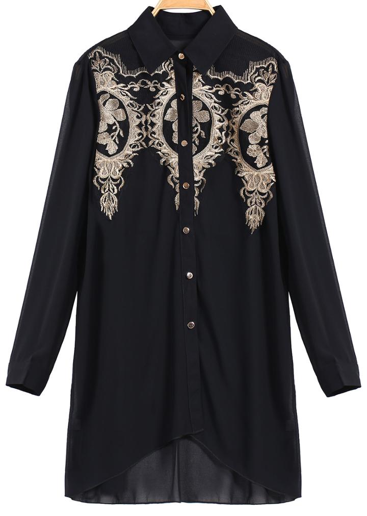 Romwe Embroidered Lapel Chiffon Black Blouse