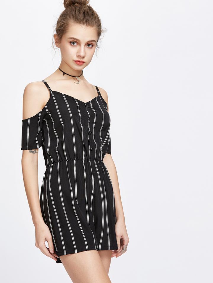 Romwe Black Vertical Striped Cold Shoulder Romper
