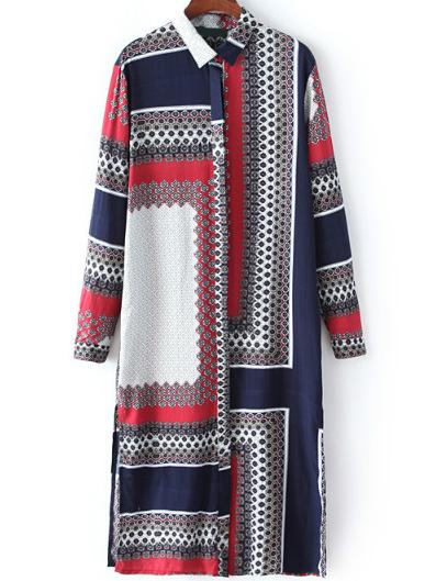 Romwe Vintage Print Split Side Shirt Dress