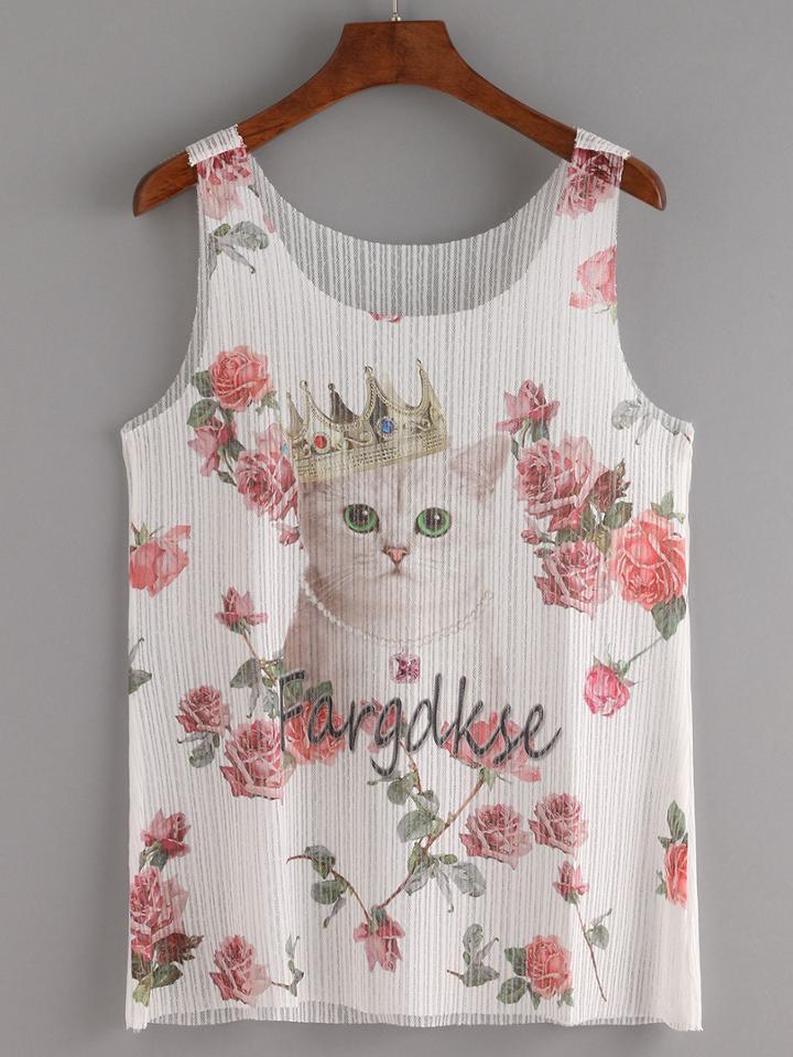 Romwe Cat & Rose Print Mesh Tank Top - White