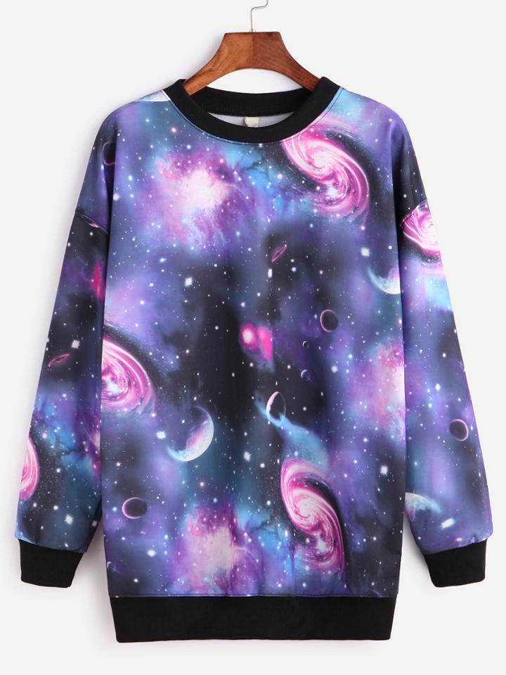 Romwe Contrast Ribbed Trim Starry Space Print Sweatshirt