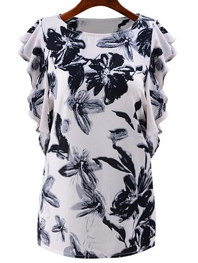 Romwe Butterfly Sleeve Vintage Ink Print White Top