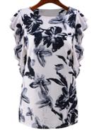 Romwe Butterfly Sleeve Vintage Ink Print White Top