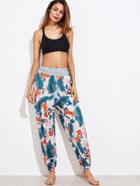 Romwe Contrast Marled Waist Jungle Print Harem Pants