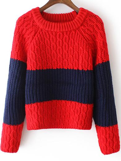 Romwe Long Sleeve Chunky Knit Color-block White Sweater