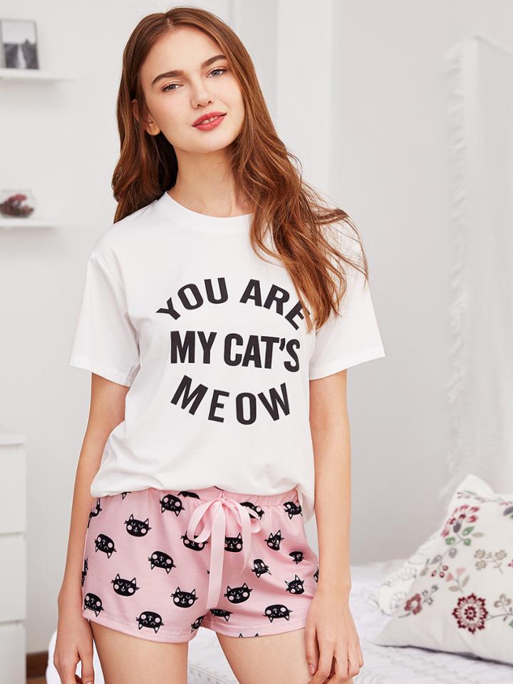 Romwe Letter Print Tee And Cat Print Shorts Pj Set