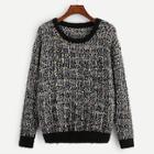 Romwe Solid Trim Marled Knit Fuzzy Sweater