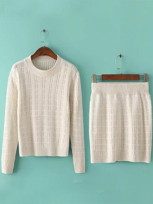 Romwe Long Sleeve Top With Knit Bodycon Beige Skirt