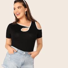 Romwe Plus Contrast Binding Asymmetrical Neck Cold Shoulder Top