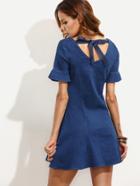 Romwe Blue Double V Neck Tie Ruffle Sleeve Denim Dress