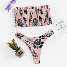 Romwe Tropical Frill Trim Shirred Bikini Set