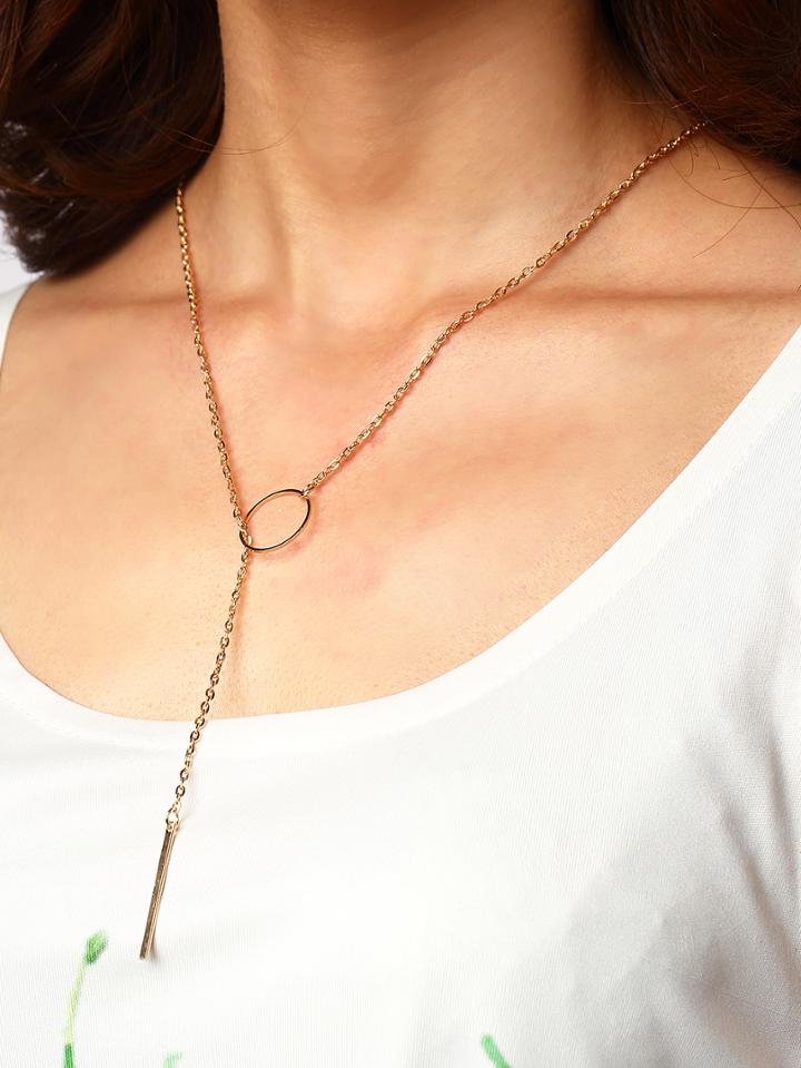 Romwe Gold-tone Ring And Metal Bar Pendant Link Necklace