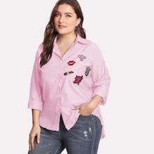 Romwe Plus Embroidered Patches Detail Striped Shirt